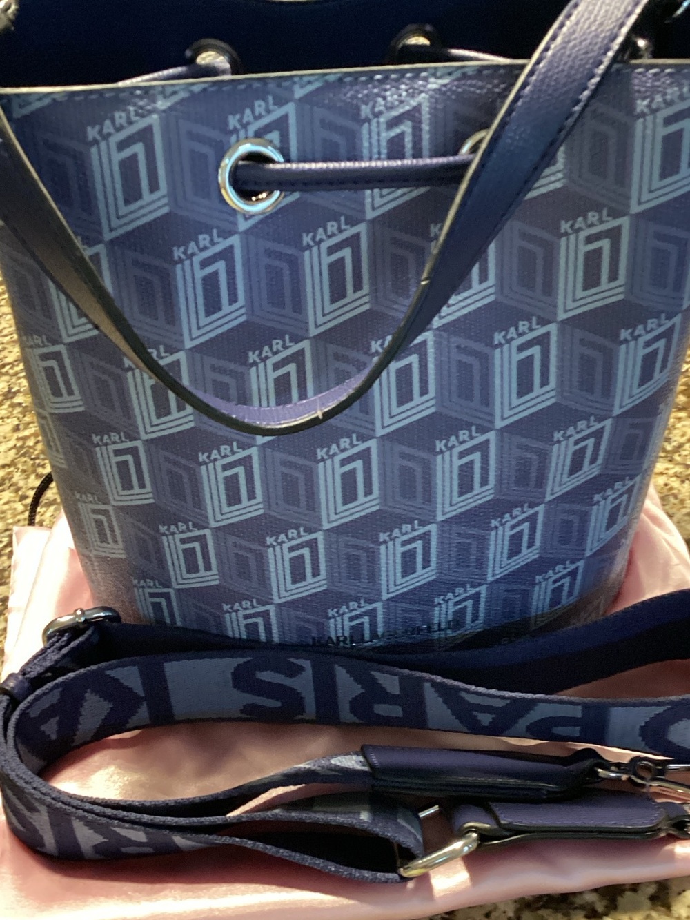 Karl Lagerfeld Navy Logo-Print Drawstring Bucket Bag EUC - Picture 4 of 4